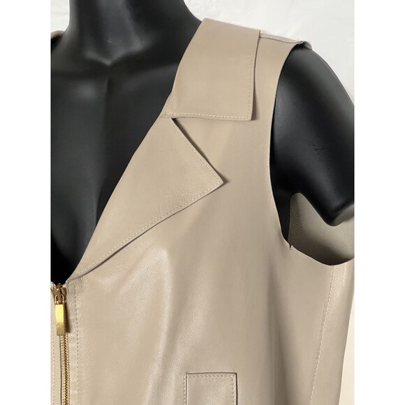 Oscar De La Renta Genuine Leather Vest Beige Gold Zipper Size 10 Made In USA - Picture 6 of 16